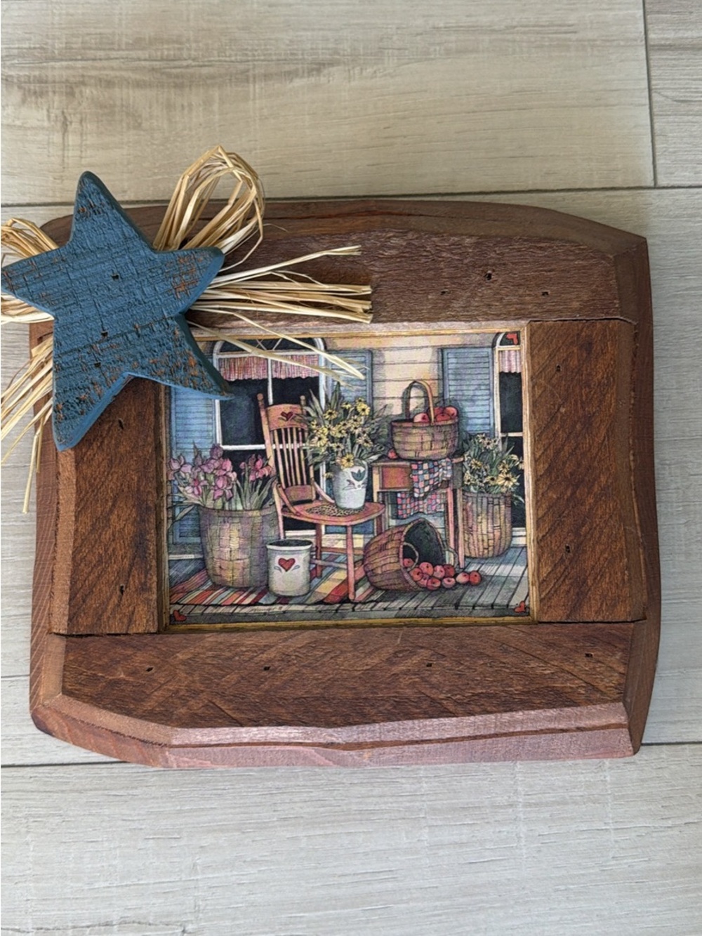 Country Primitive Decor Wooden Wall Art Porch Scene Blue Star Grandmacore